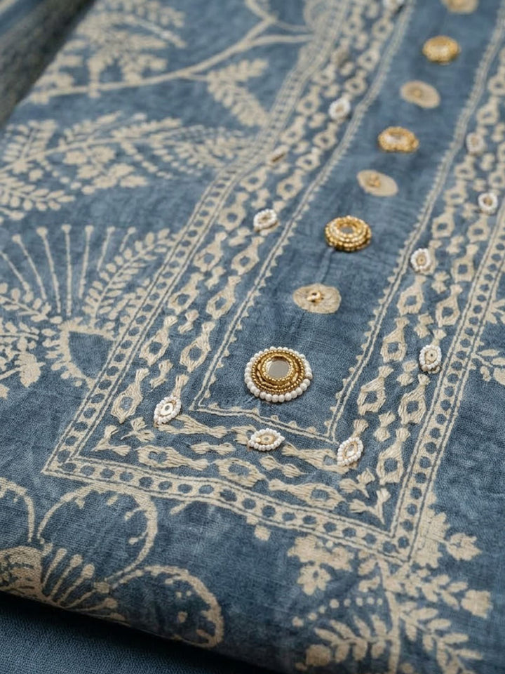 Blue Chanderi Printed Unstitched Dress Material