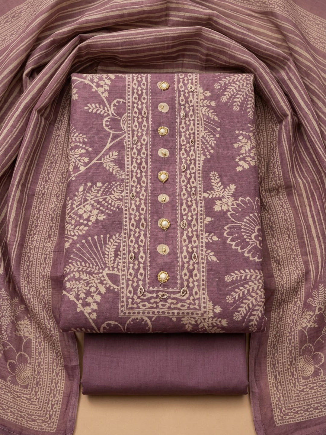 Lavender Chanderi Printed Unstitched Dress Material