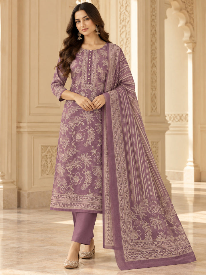Lavender Chanderi Printed Unstitched Dress Material