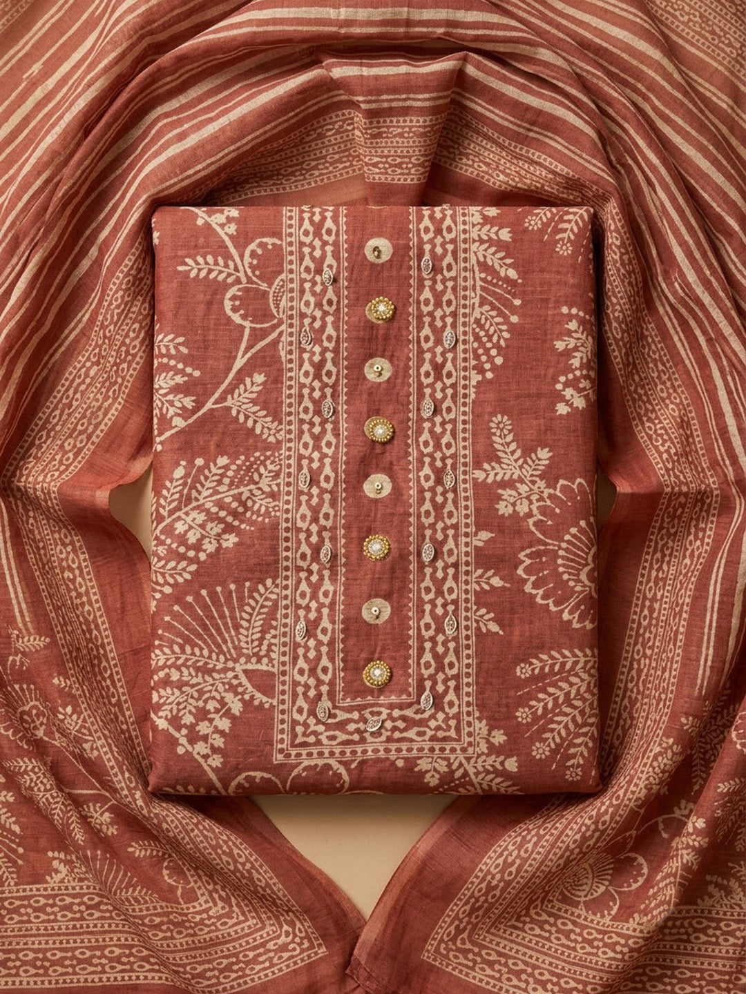 Peach Chanderi Printed Unstitched Dress Material