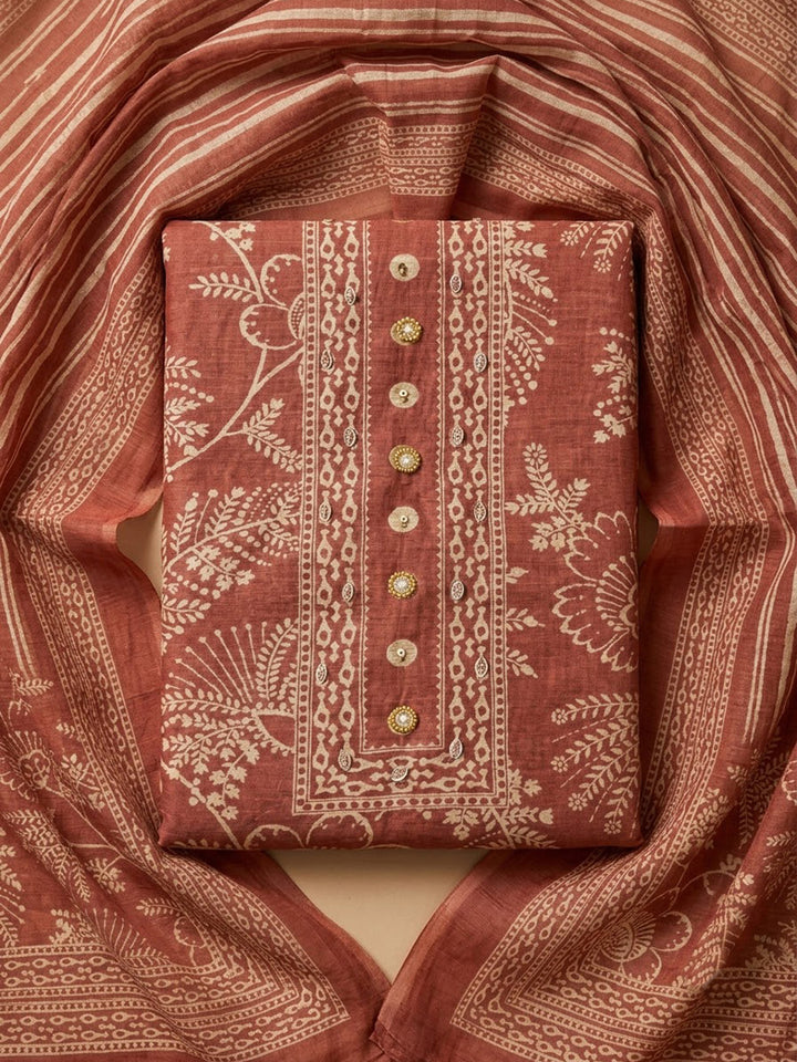 Peach Chanderi Printed Unstitched Dress Material