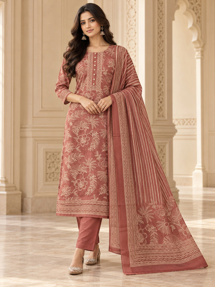 Peach Chanderi Printed Unstitched Dress Material