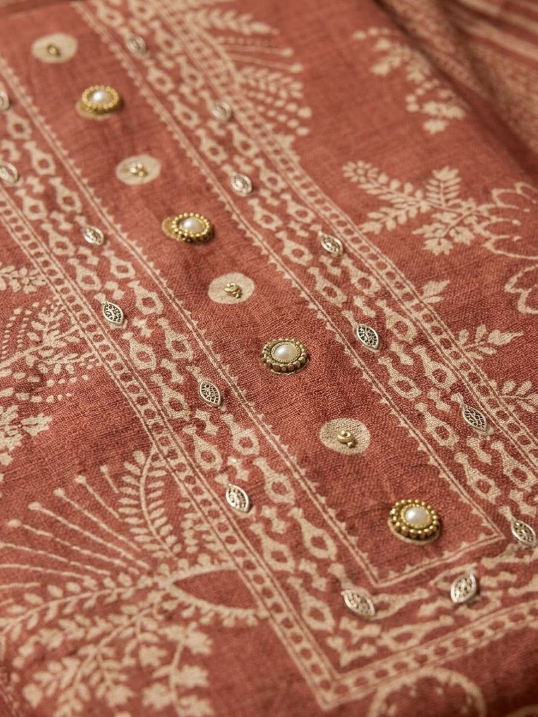 Peach Chanderi Printed Unstitched Dress Material
