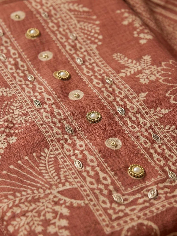 Peach Chanderi Printed Unstitched Dress Material