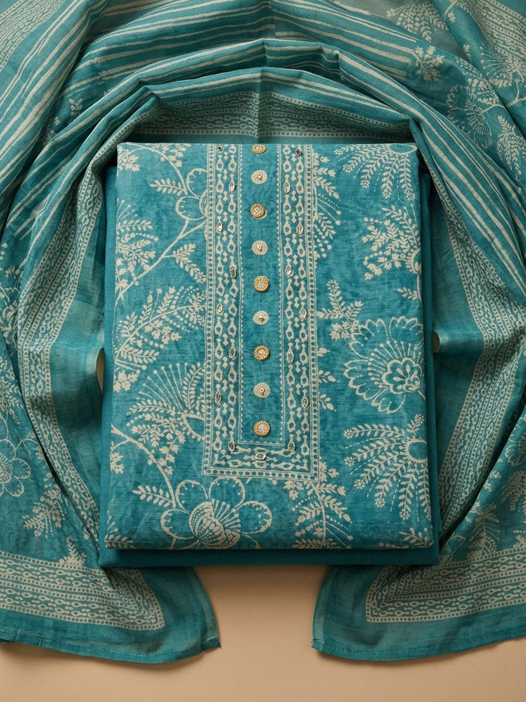 Sea Green Chanderi Printed Unstitched Dress Material