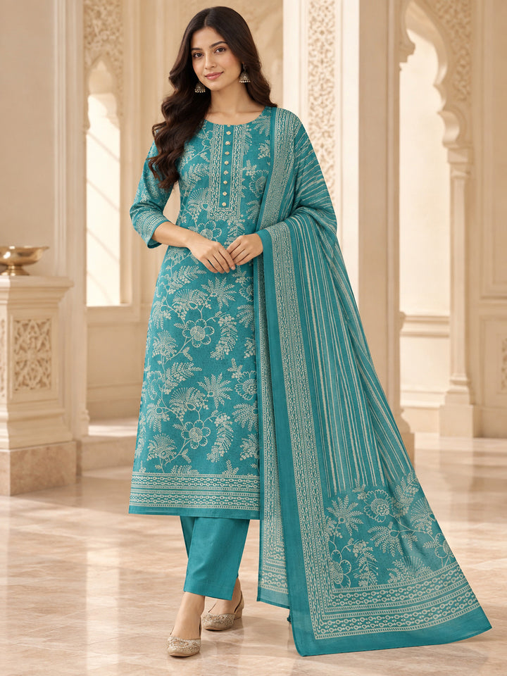 Sea Green Chanderi Printed Unstitched Dress Material