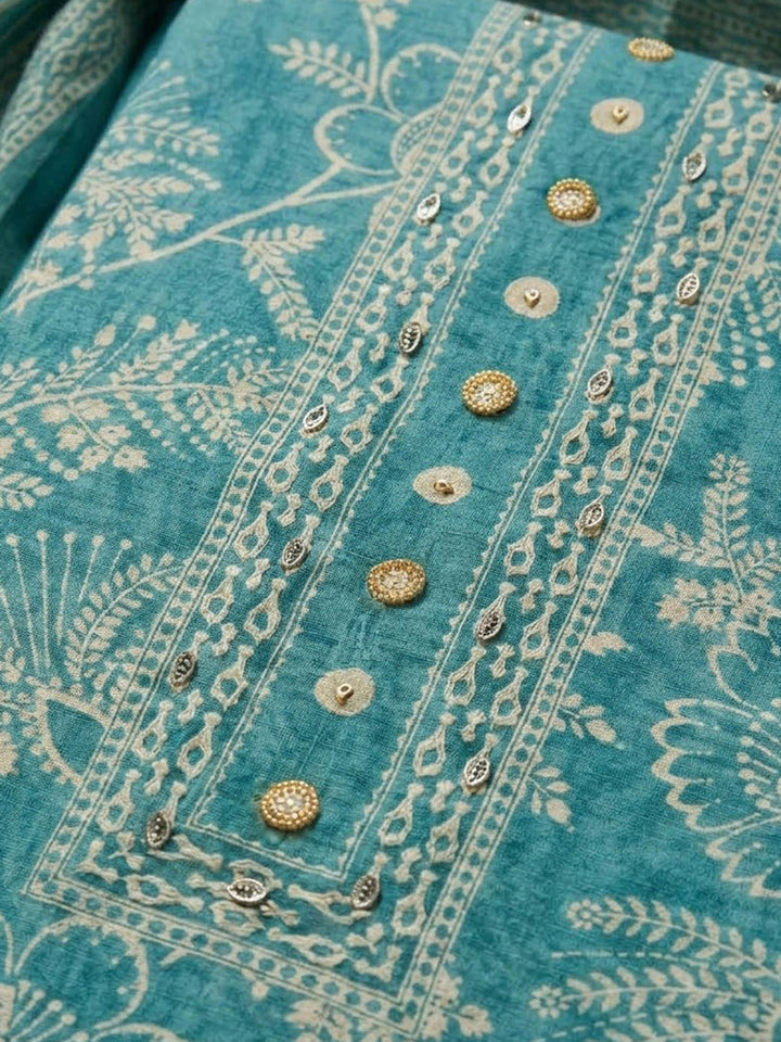 Sea Green Chanderi Printed Unstitched Dress Material