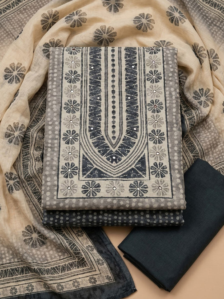 Grey Chanderi Embroidered Unstitched Dress Material