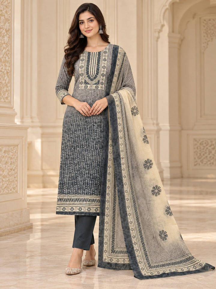 Grey Chanderi Embroidered Unstitched Dress Material