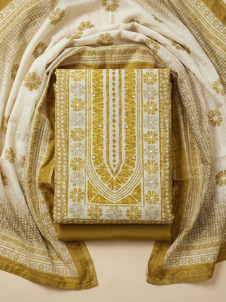 Mustard Chanderi Embroidered Unstitched Dress Material