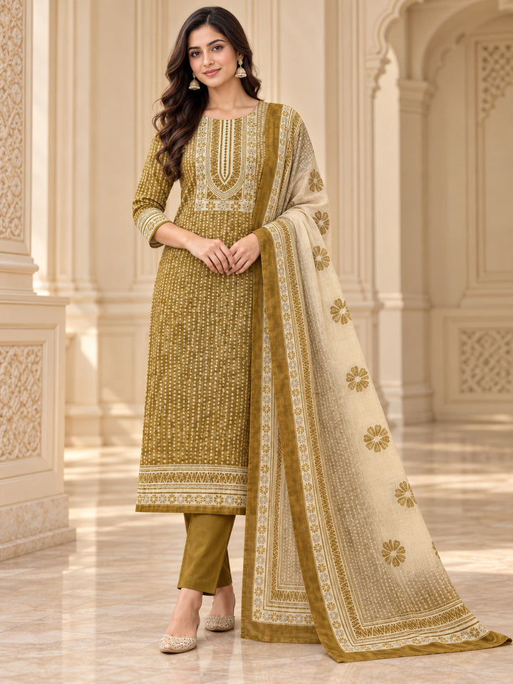 Mustard Chanderi Embroidered Unstitched Dress Material