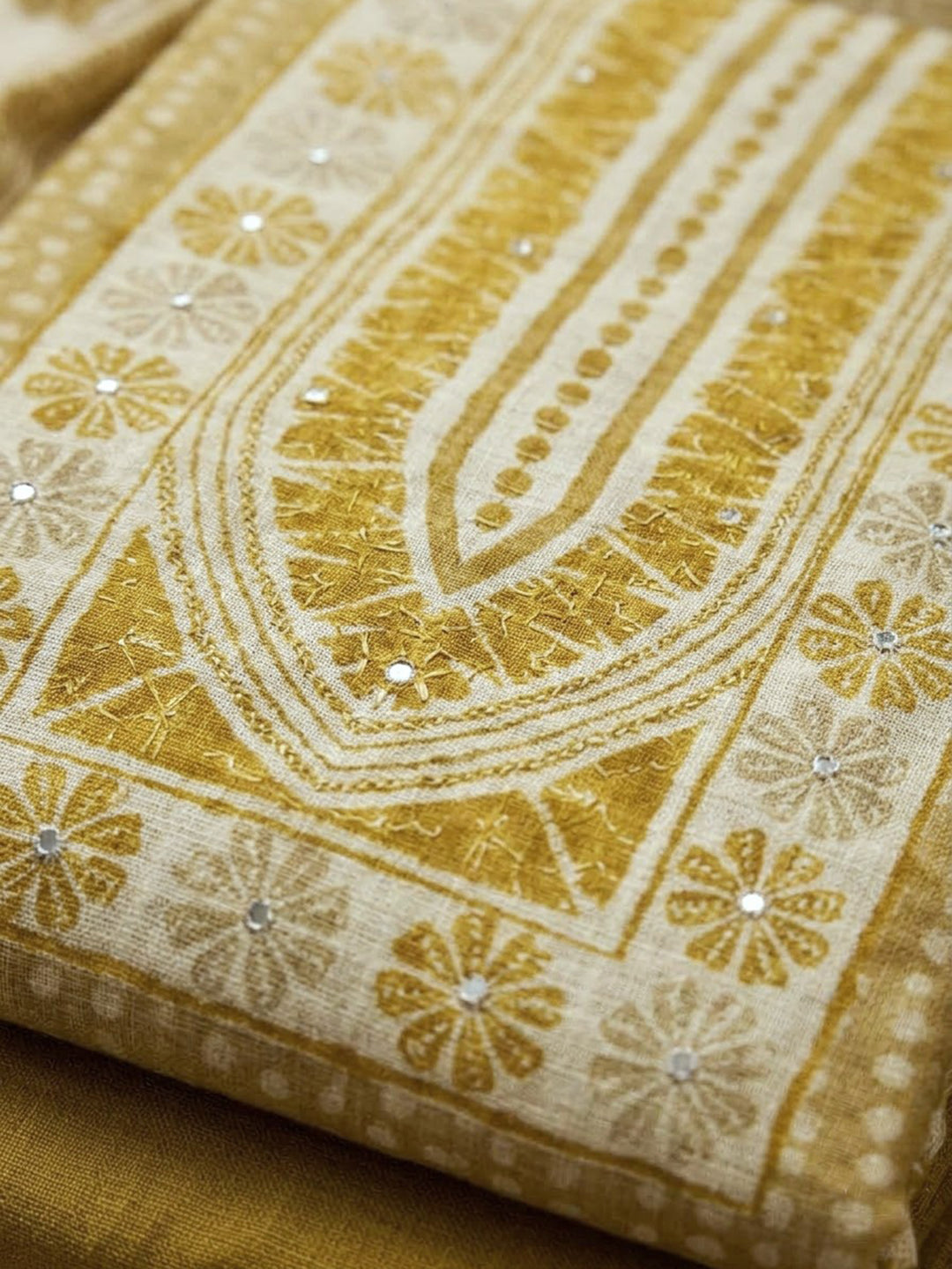 Mustard Chanderi Embroidered Unstitched Dress Material