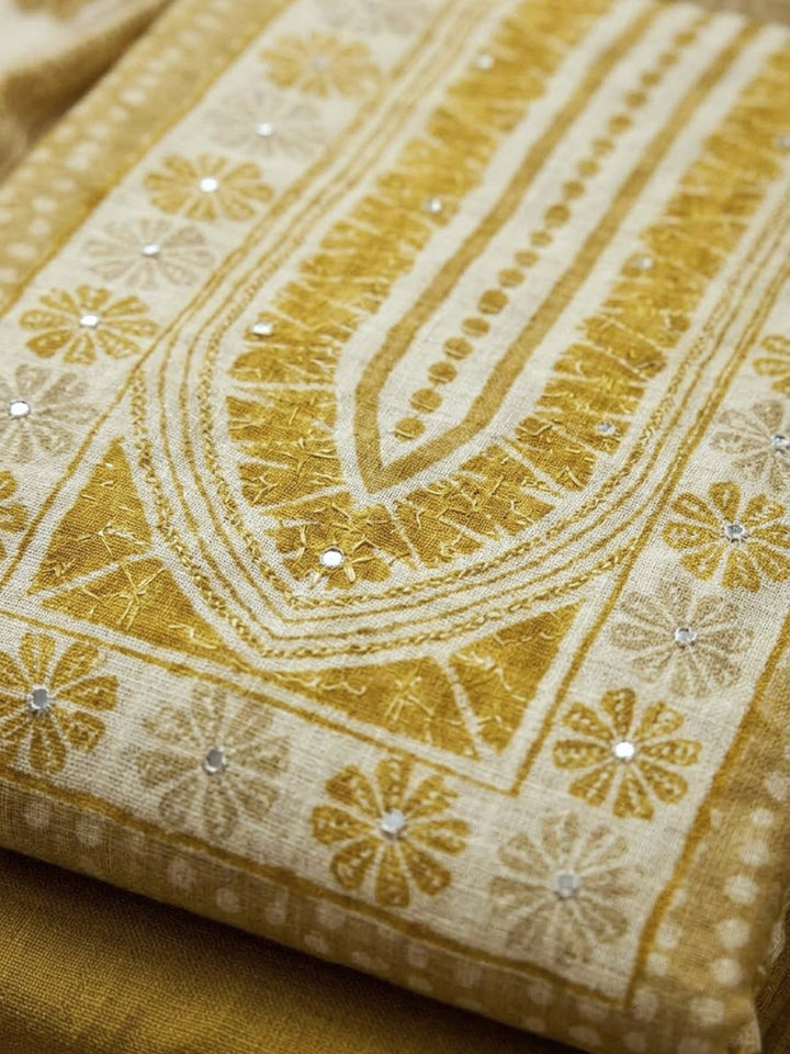 Mustard Chanderi Embroidered Unstitched Dress Material