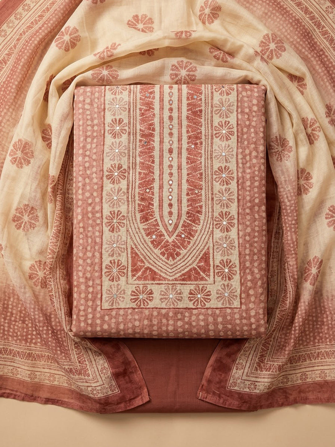 Onion Pink Chanderi Embroidered Unstitched Dress Material