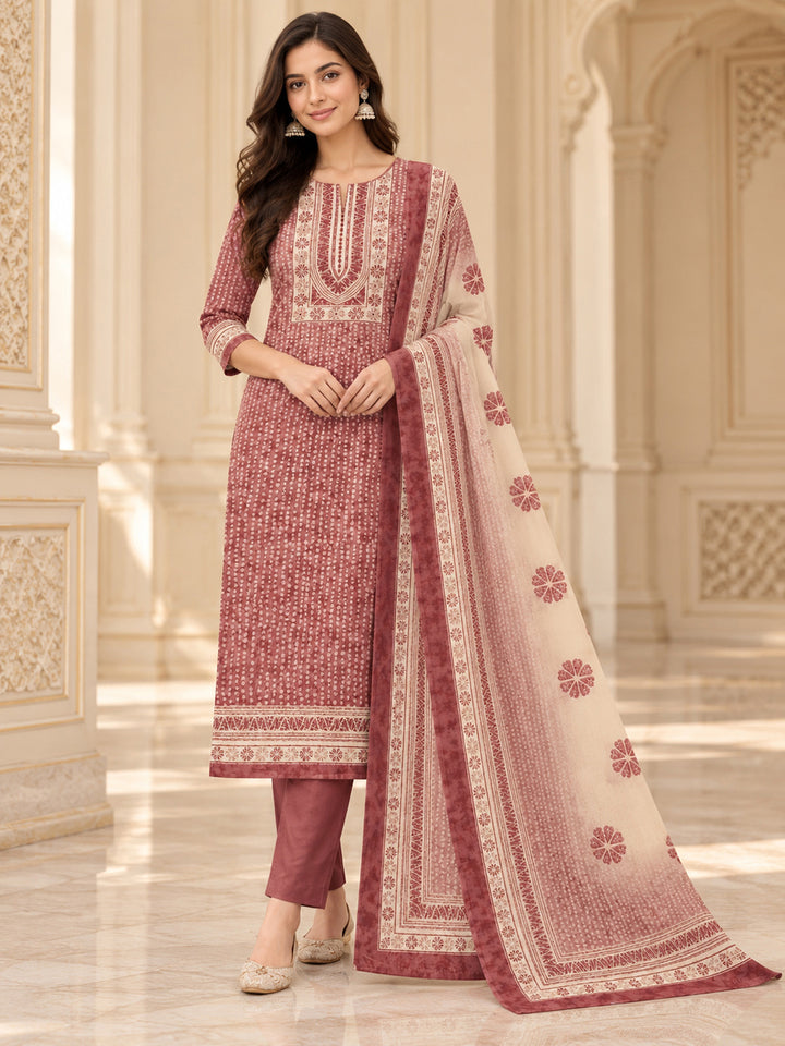 Onion Pink Chanderi Embroidered Unstitched Dress Material