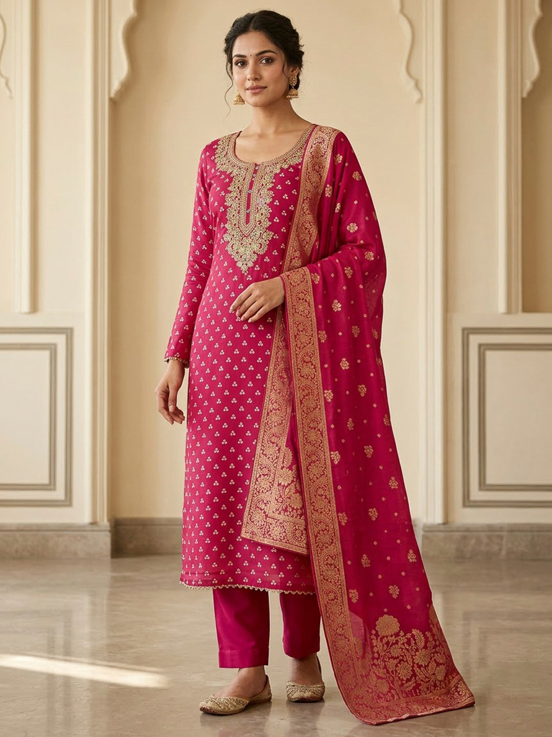Hot Pink Cotton Blend Embroidered Unstitched Dress Material