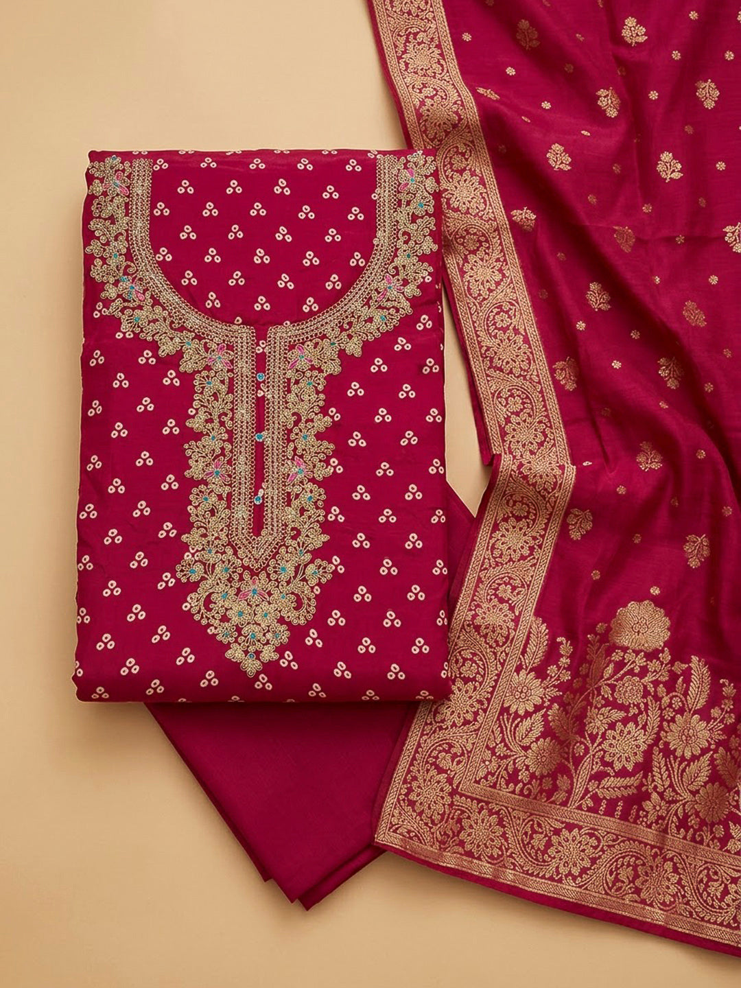 Hot Pink Cotton Blend Embroidered Unstitched Dress Material