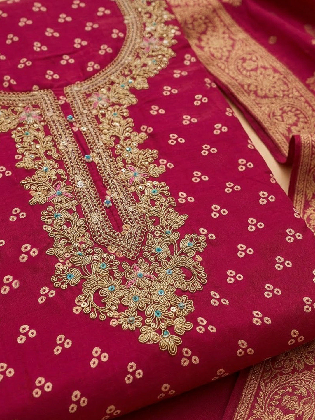 Hot Pink Cotton Blend Embroidered Unstitched Dress Material