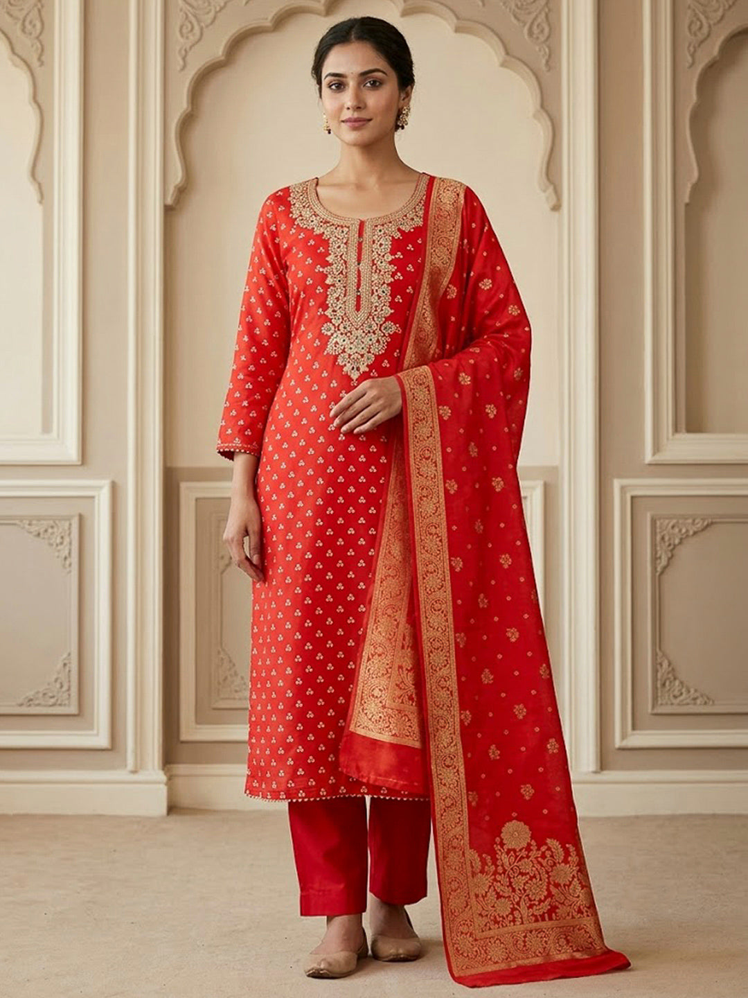 Rust Cotton Blend Embroidered Unstitched Dress Material