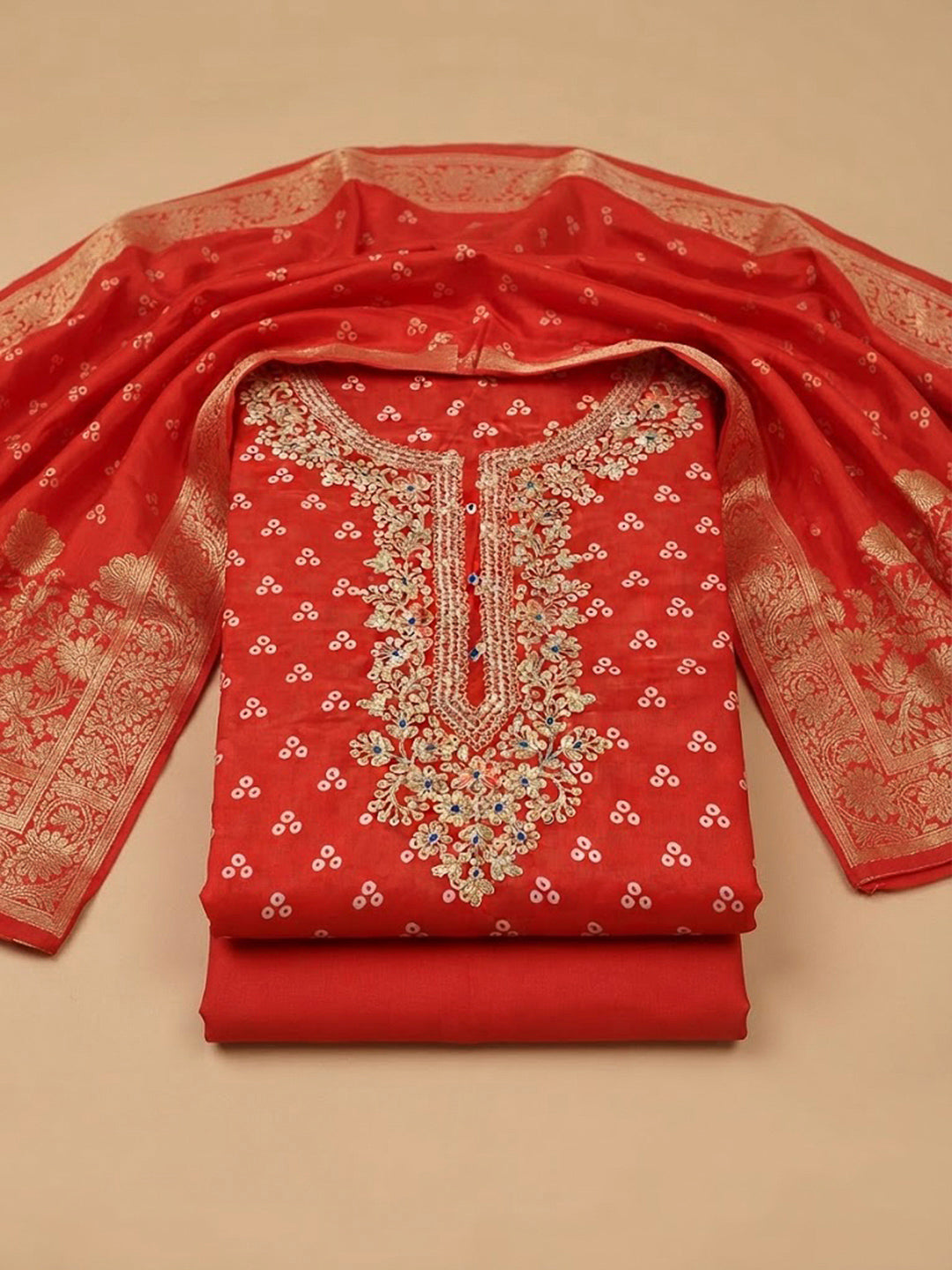 Rust Cotton Blend Embroidered Unstitched Dress Material