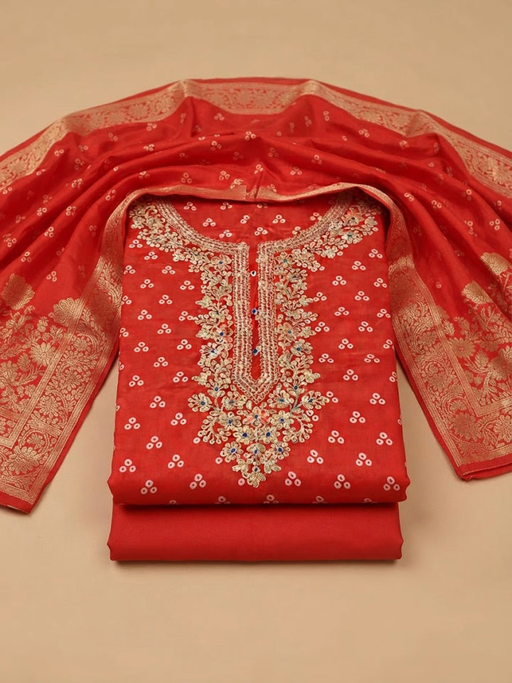 Rust Cotton Blend Embroidered Unstitched Dress Material