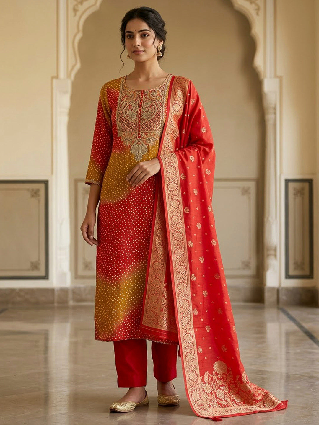 Orange Cotton Blend Embroidered Unstitched Dress Material