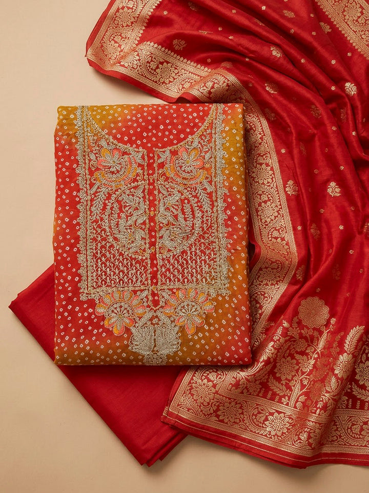 Orange Cotton Blend Embroidered Unstitched Dress Material