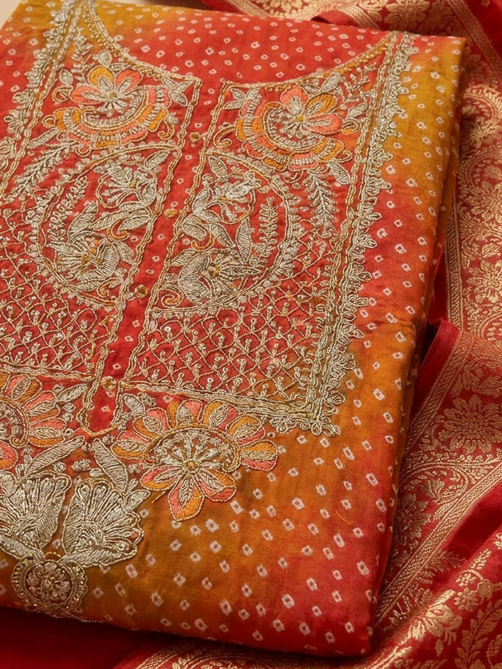 Orange Cotton Blend Embroidered Unstitched Dress Material