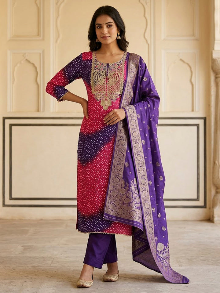 Purple Cotton Blend Embroidered Unstitched Dress Material