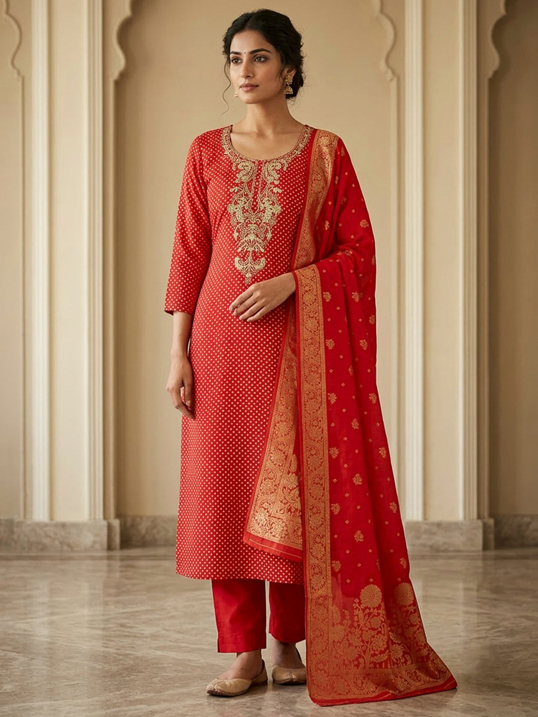 Red Cotton Blend Embroidered Unstitched Dress Material