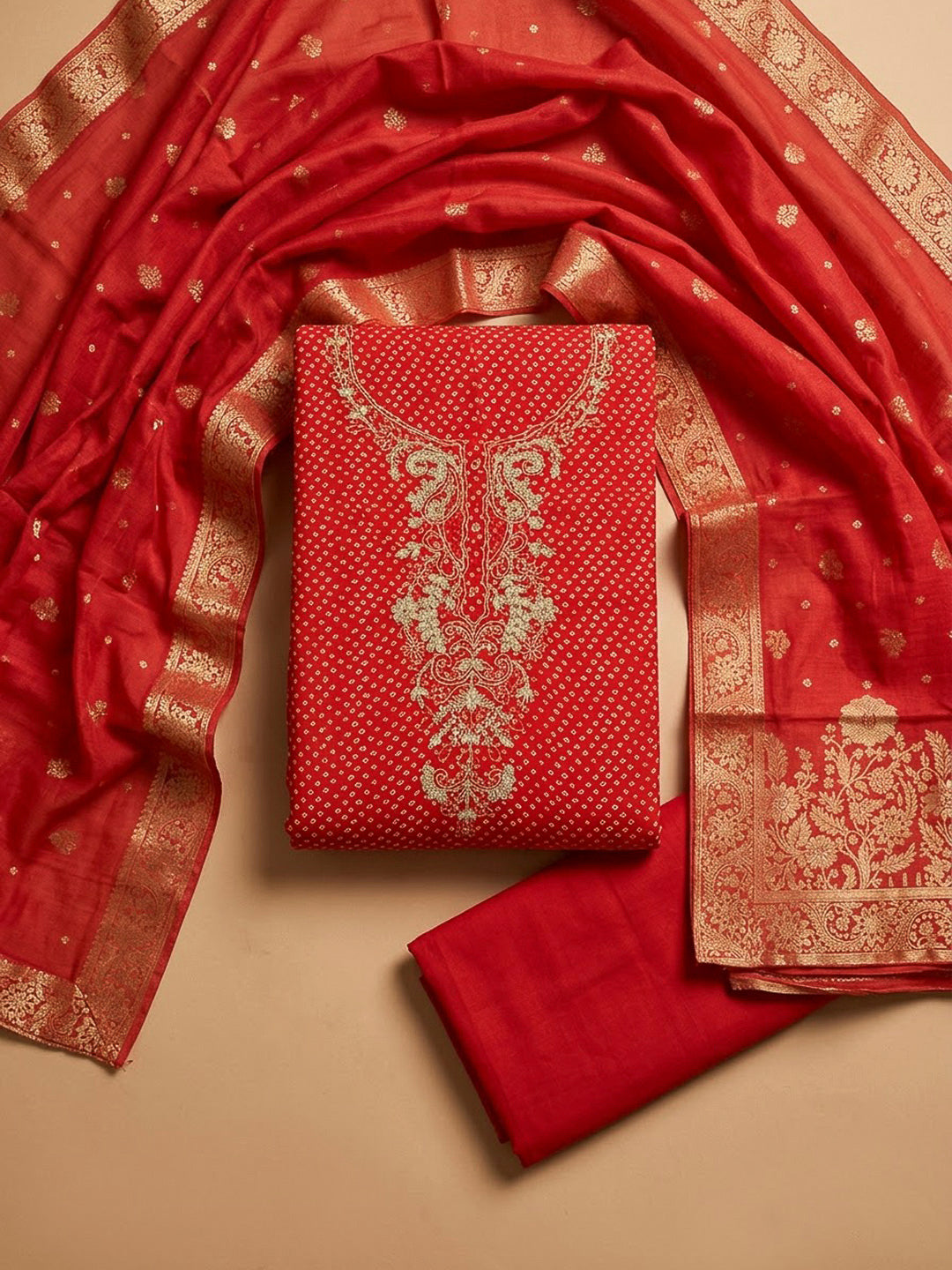 Red Cotton Blend Embroidered Unstitched Dress Material