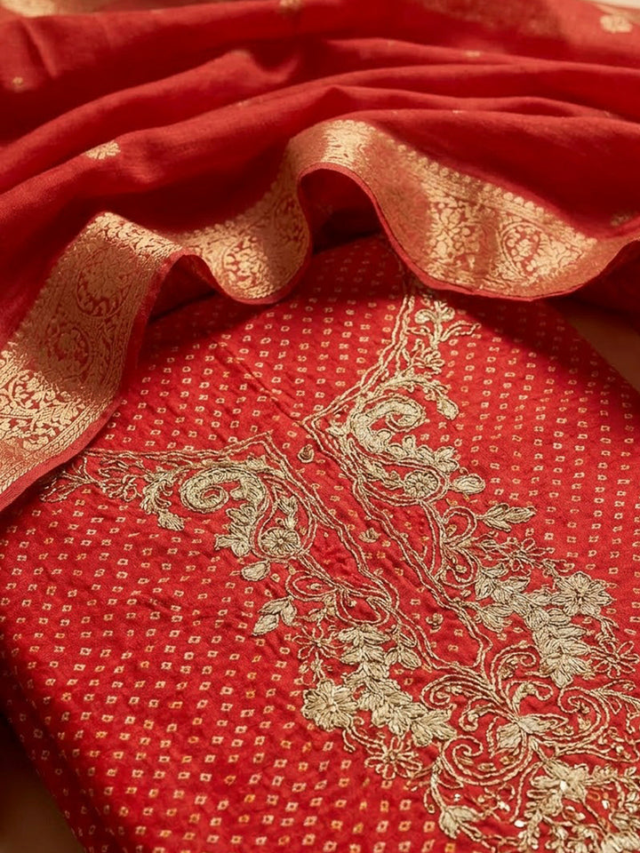 Red Cotton Blend Embroidered Unstitched Dress Material
