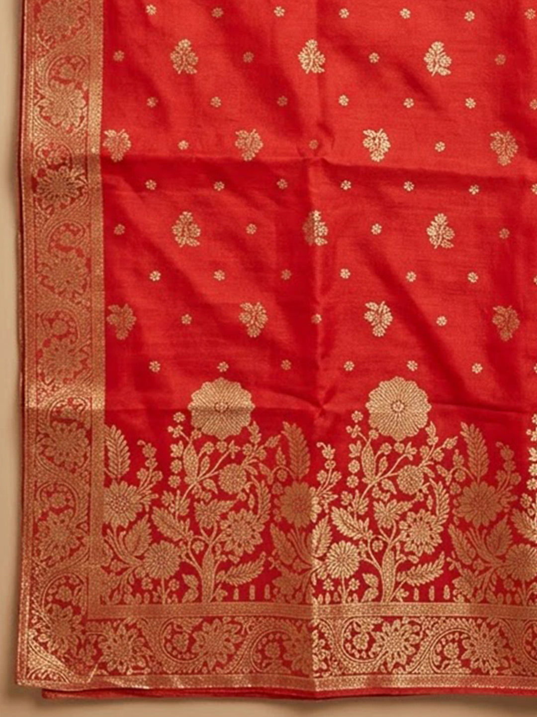 Red Cotton Blend Embroidered Unstitched Dress Material
