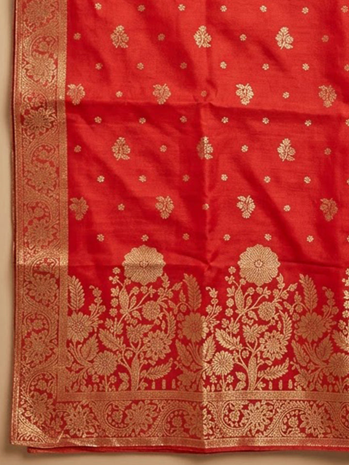 Red Cotton Blend Embroidered Unstitched Dress Material