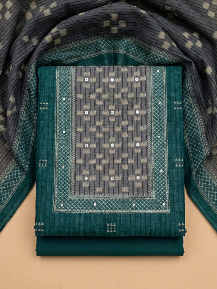 Green Chanderi Embroidered Unstitched Dress Material