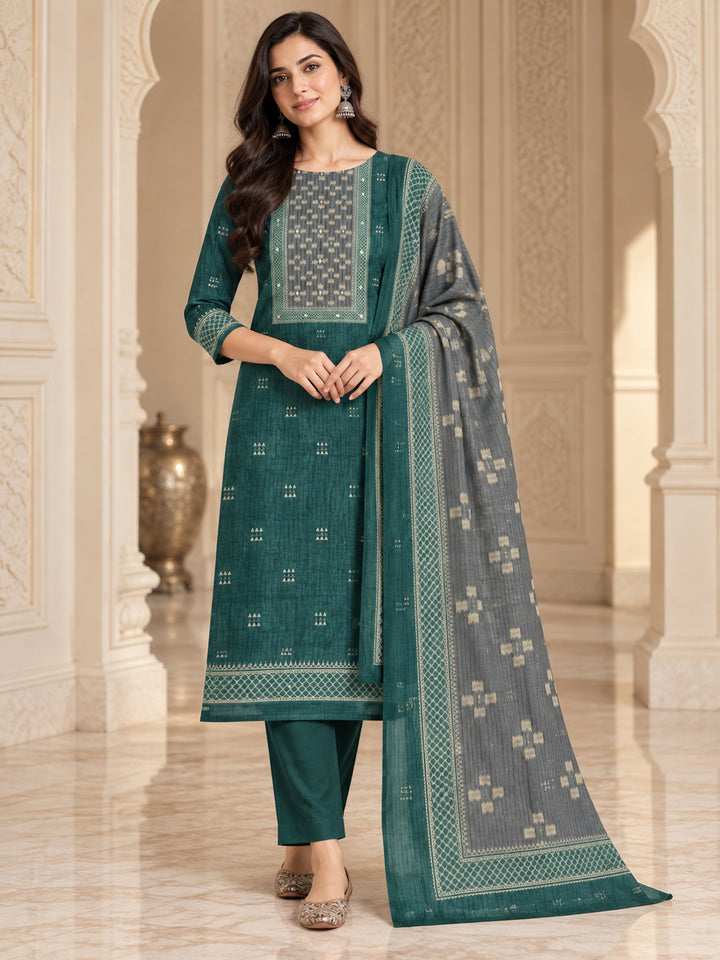 Green Chanderi Embroidered Unstitched Dress Material