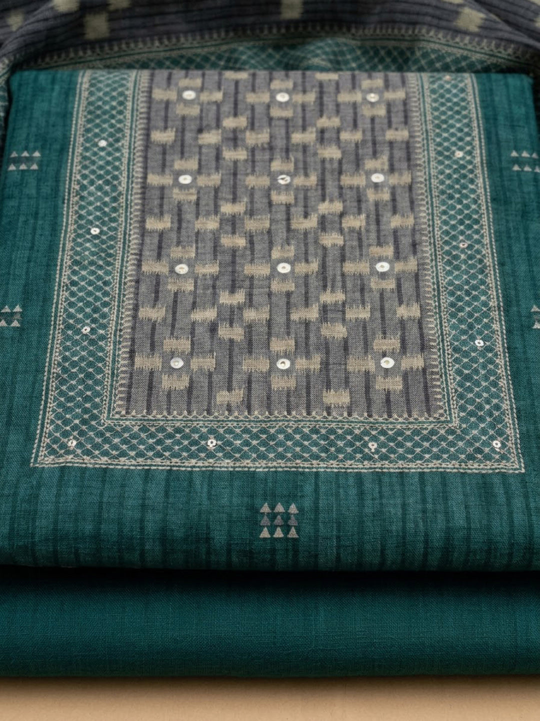 Green Chanderi Embroidered Unstitched Dress Material