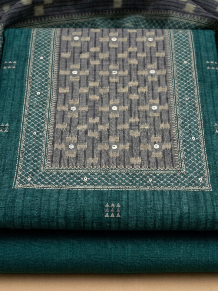 Green Chanderi Embroidered Unstitched Dress Material