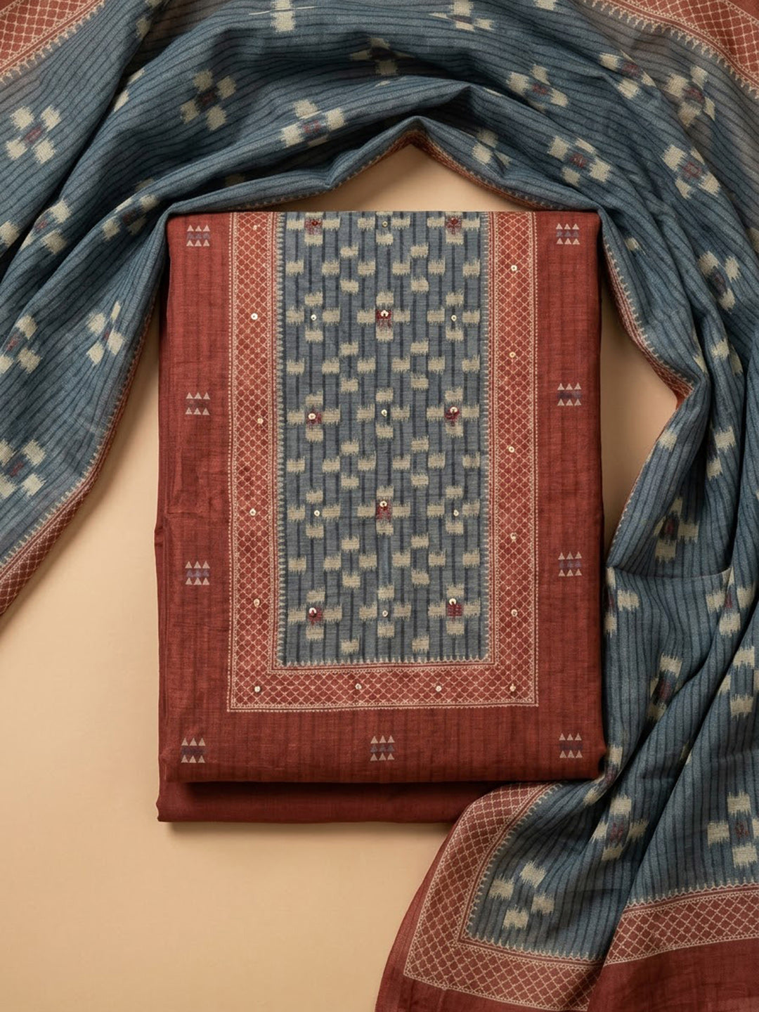 Maroon Chanderi Embroidered Unstitched Dress Material