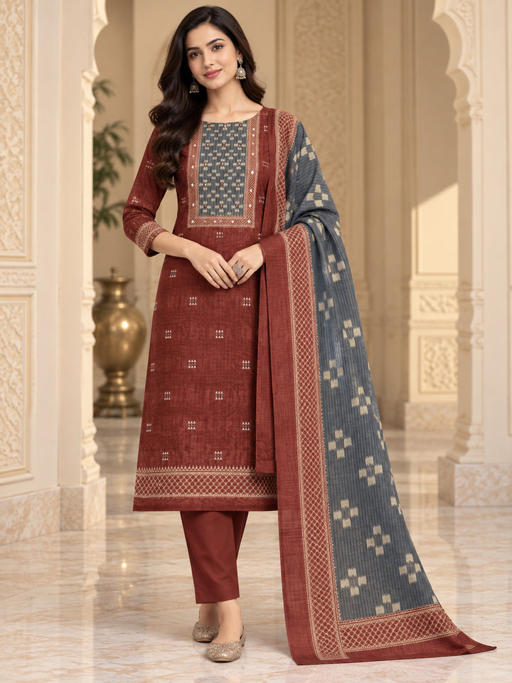 Maroon Chanderi Embroidered Unstitched Dress Material
