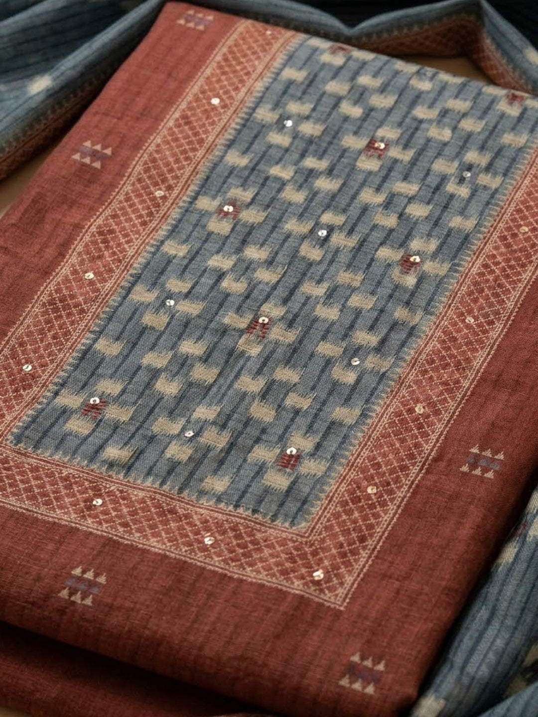 Maroon Chanderi Embroidered Unstitched Dress Material