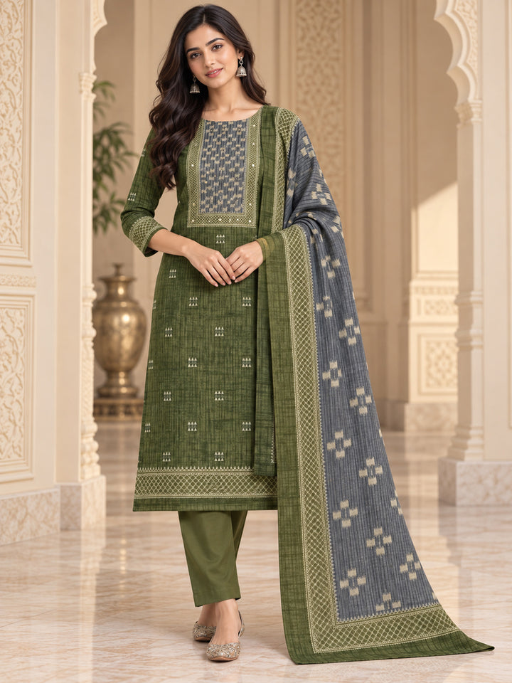 Mehndi Chanderi Embroidered Unstitched Dress Material