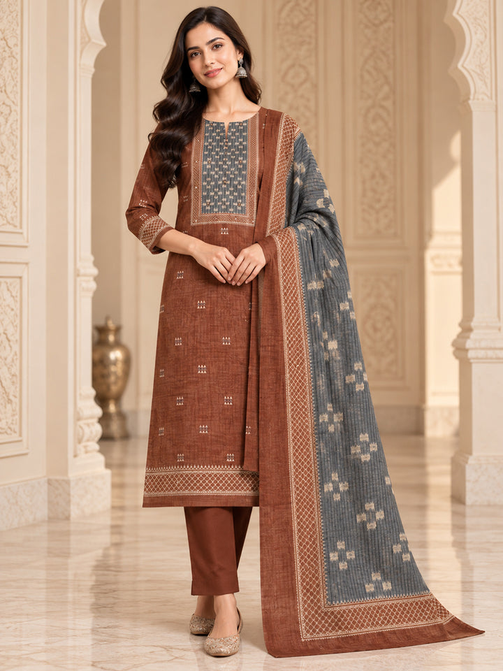 Rust Chanderi Embroidered Unstitched Dress Material