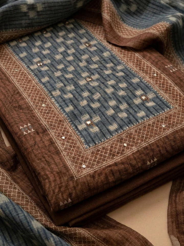 Rust Chanderi Embroidered Unstitched Dress Material