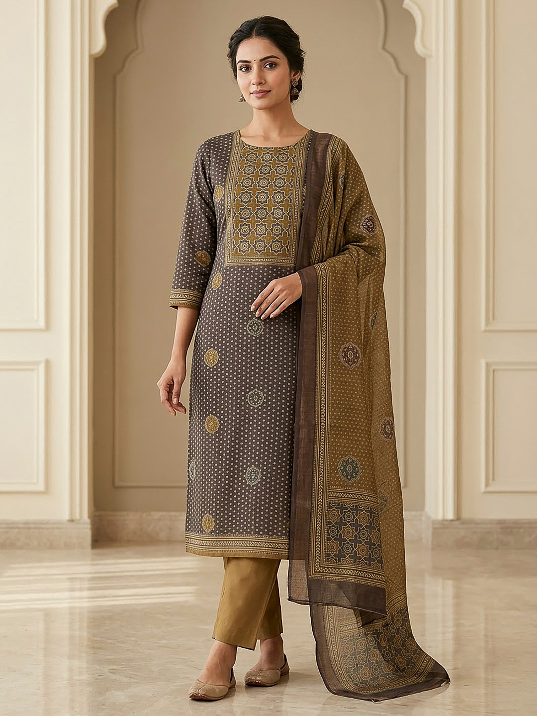 Grey Linen Blend Printed Unstitched Dress Material