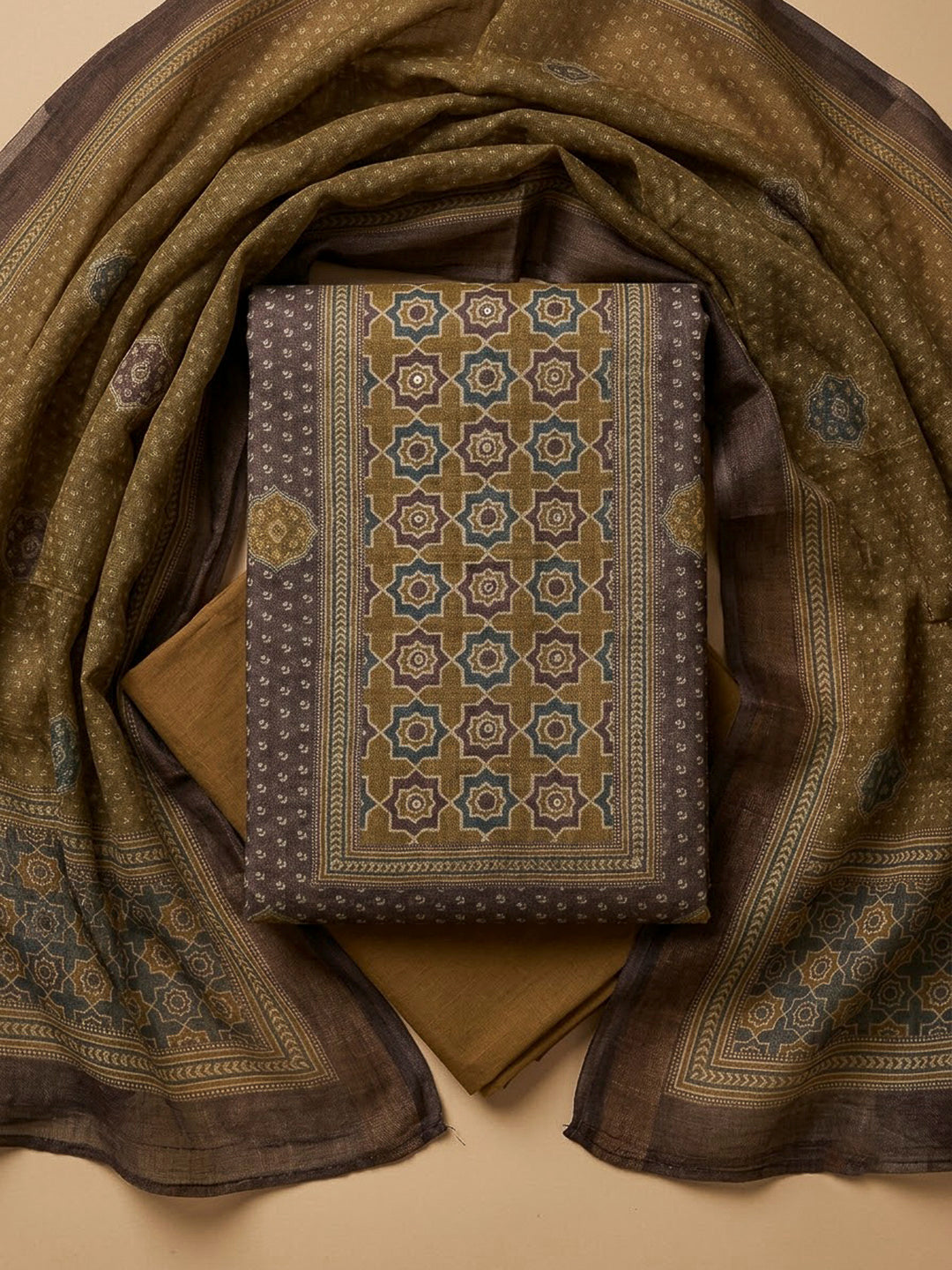 Grey Linen Blend Printed Unstitched Dress Material