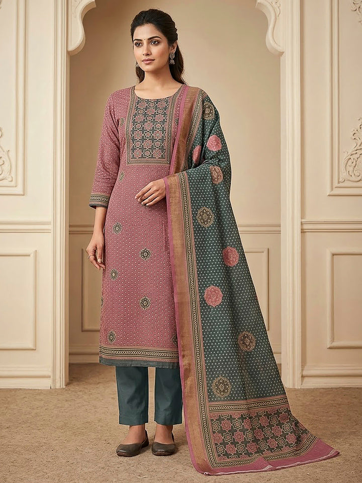 Onion Pink Linen Blend Printed Unstitched Dress Material