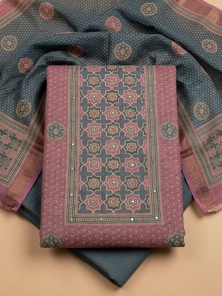 Onion Pink Linen Blend Printed Unstitched Dress Material