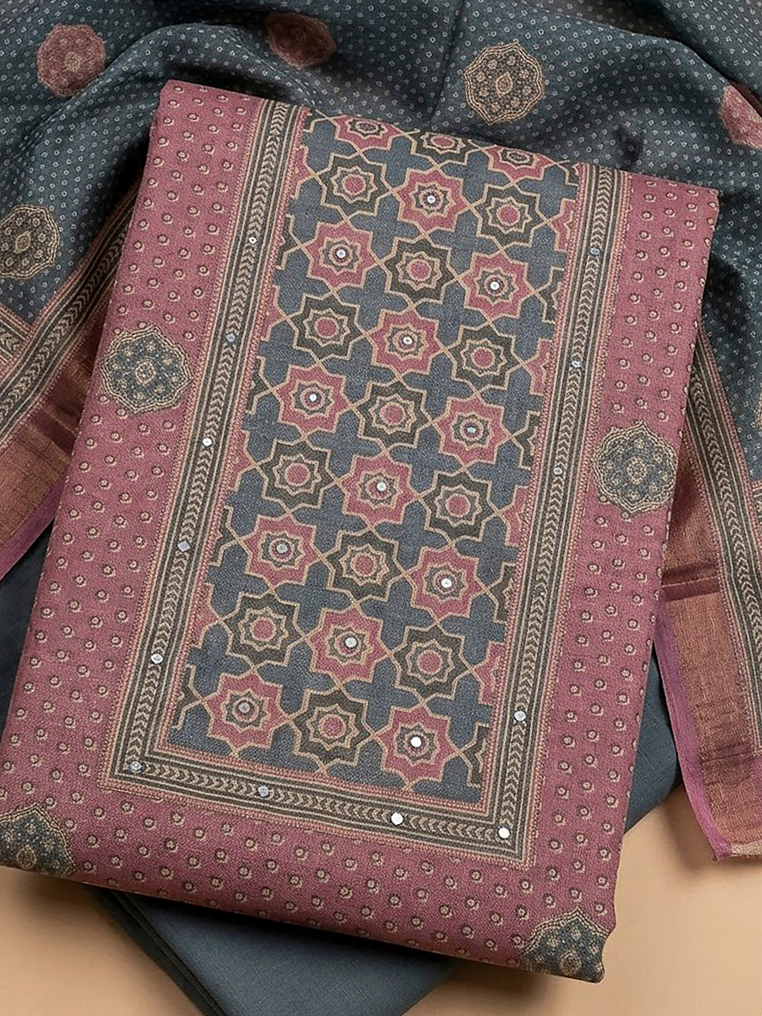Onion Pink Linen Blend Printed Unstitched Dress Material