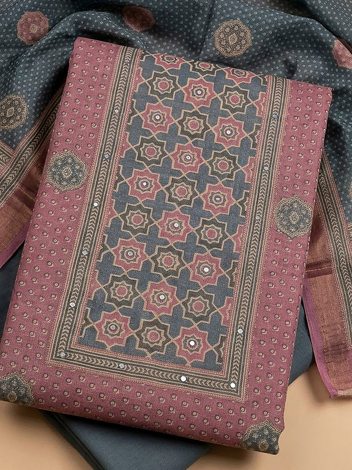 Onion Pink Linen Blend Printed Unstitched Dress Material